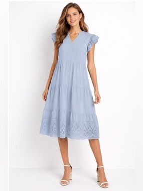 Merokeety Light Blue Eyelet Sleeve Tiered Midi Dress Viscose Size Large